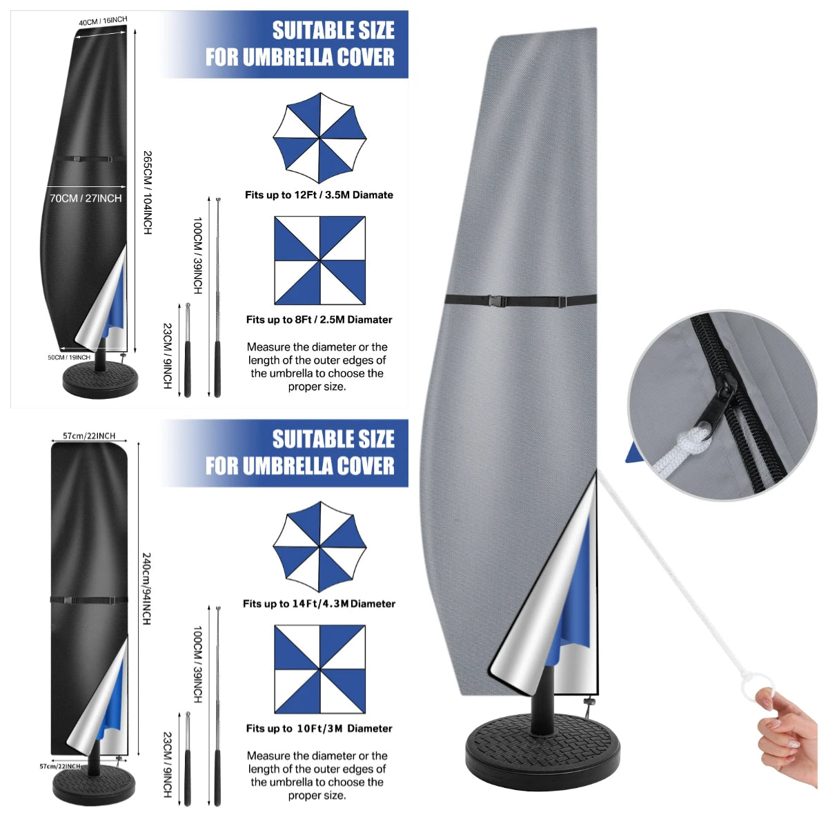 Waterproof Parasol Cover 210D PU Coating Heavy Duty Garden Parasol Cover with Zipper UV & Weather-Anti Umbrellas Parasol Covers Peaceful Pleasures Health and Wellness