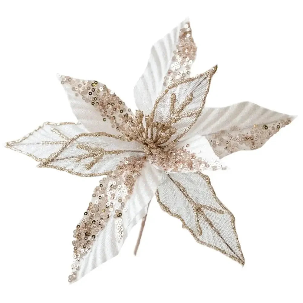 Christmas Glitter Poinsettia Artificial Flower Ornaments | Set of 6