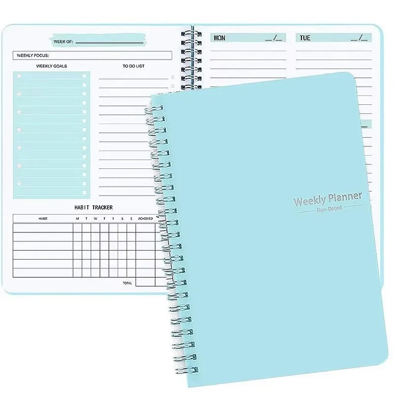 Undated Weekly Planner A5 Weekly Goals Spiral Binding Notebook Planner Agenda Record Daily Plans To Achieve Future Goals Peaceful Pleasures Health and Wellness Blue