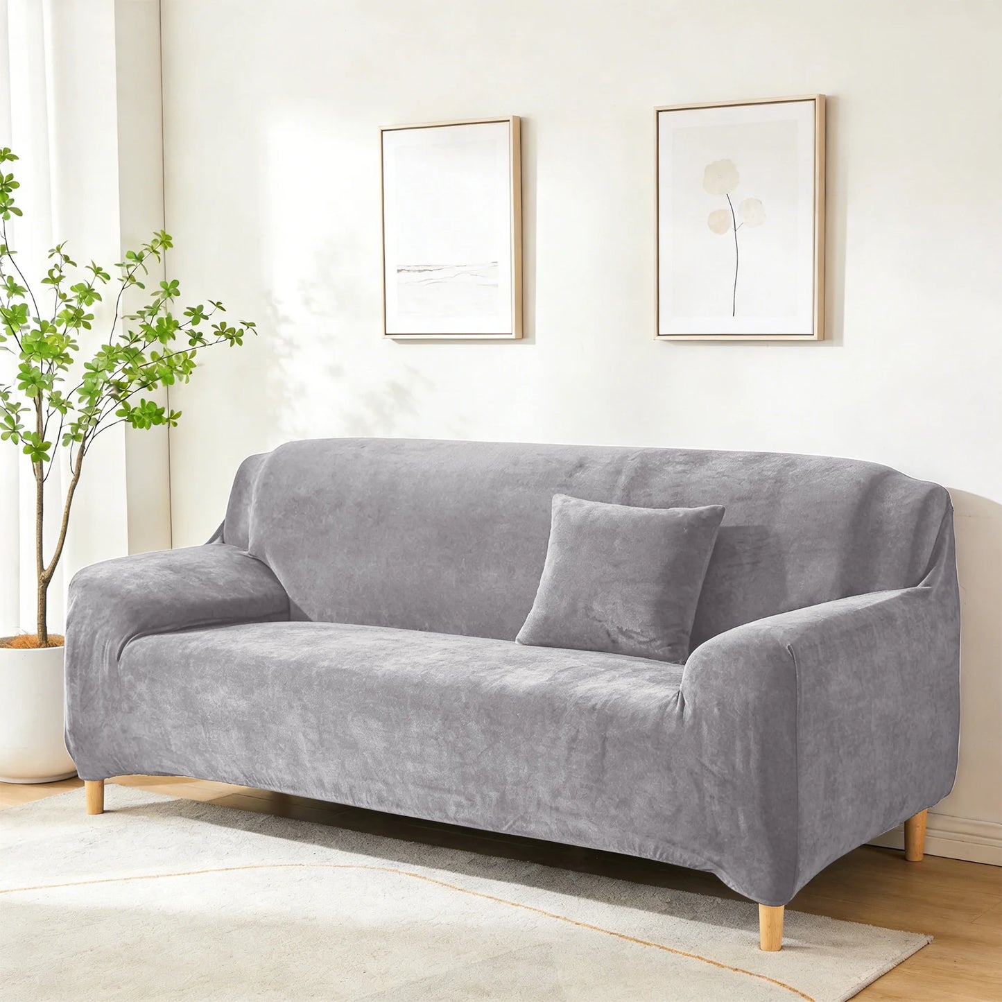 New Velvet Plush Stretch Sofa Slipcover Non Slip Soft Couch Loveseat Covers Furniture Protector with Elastic Bottom for Kids Pet Peaceful Pleasures Health and Wellness Sliver Grey 4 Seat ( 225-290cm)