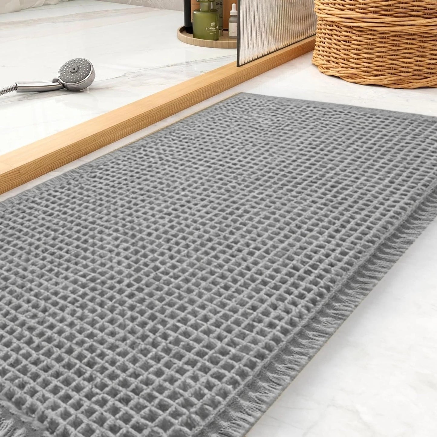 Super Absorbent Bath Mat with Non Slip Backing Waffle Textured Bathroom Rug for Shower Tub Quick-Dry Bath Mat Floor Protection Peaceful Pleasures Health and Wellness Grey 40x60cm and 50x120cm