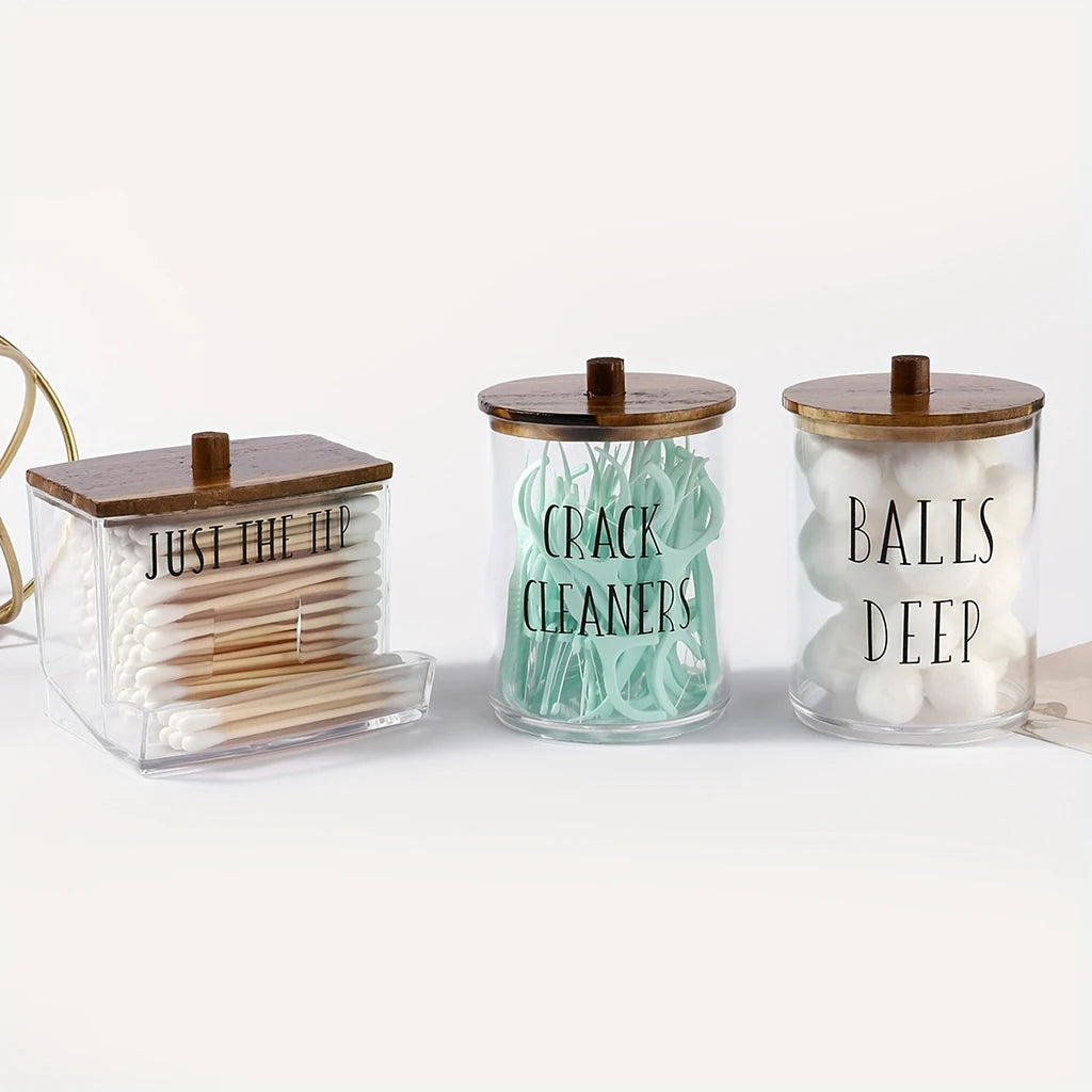 3pcs Acrylic Apothecary Jar Bathroom Organizer Set – Cotton Swab Holder, Cotton Ball & Bathroom Decor Storage