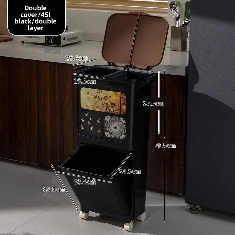Vintage-Style Kitchen Trash Bin - Large Capacity, No Bending, Double Layer Wet/Dry Separation, Home Essential Peaceful Pleasures Health and Wellness Double 45L Black