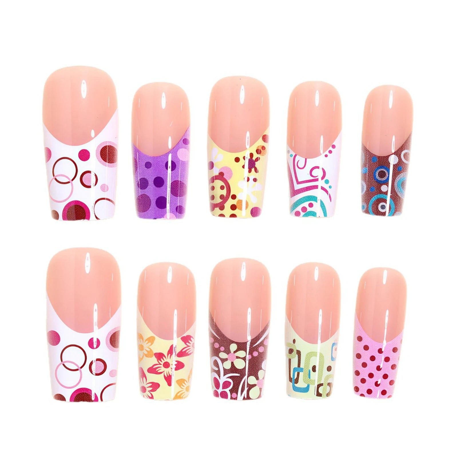 24pcs Press On Nails French Style False Nails With Red-purple Polka Dot And 3D Colorful Flowers Resin Artificial Fingernails Art Peaceful Pleasures Health and Wellness