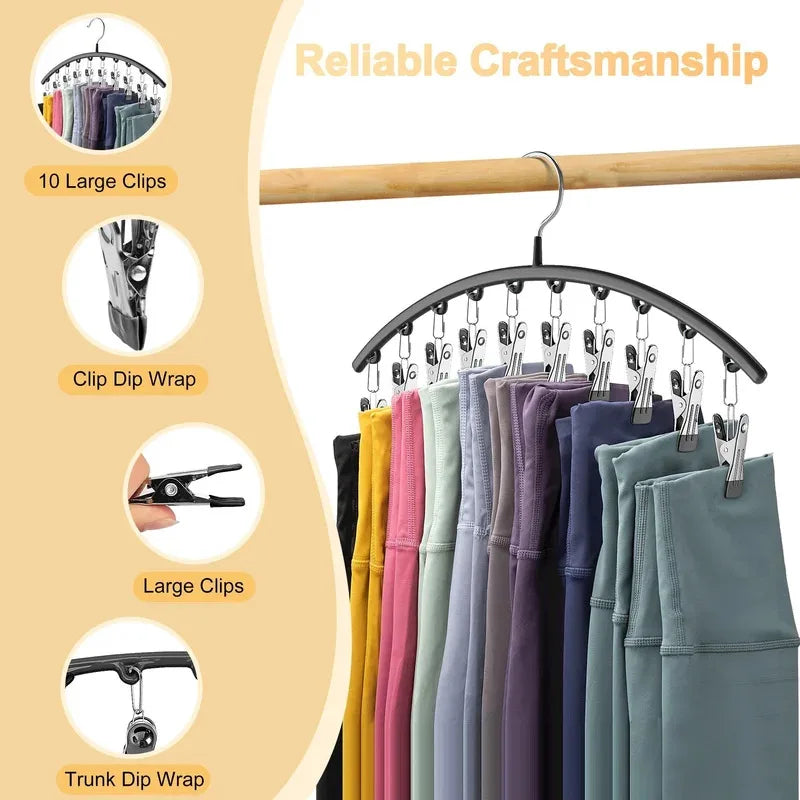 1pc Curved Shape Hanger, Metal Yoga Pants Hangers, Organizer For Closet, Pants Hanger With 10 Clothespins, Holds 10 Leggings Peaceful Pleasures Health and Wellness