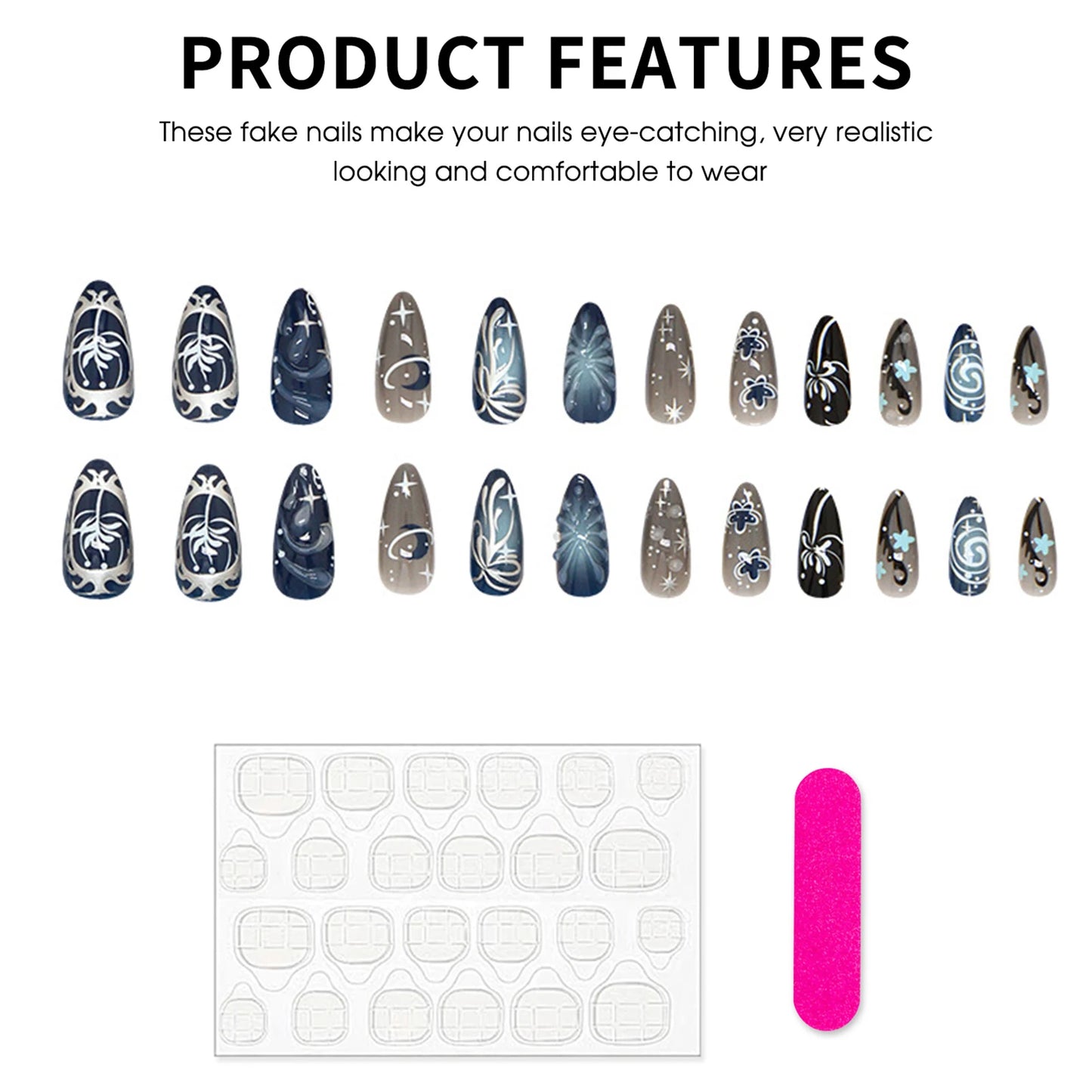 24pc Blue Black Glitter Press On Nails | 3D Y2K Almond Design