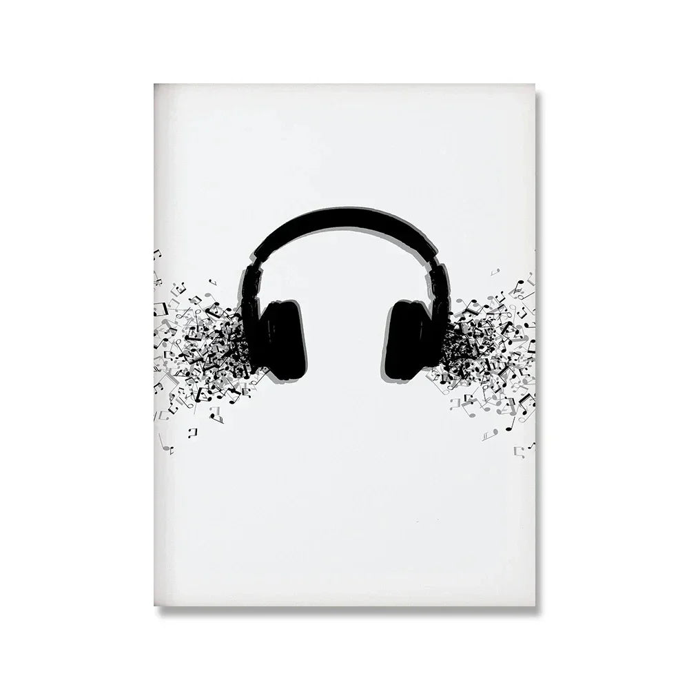 Abstract Wall Art Nordic Musical Note Headphones Canvas Painting Modern Poster Black.White Lines for Living Room Home Decoration Peaceful Pleasures Health and Wellness 2 30x40cm Unframed