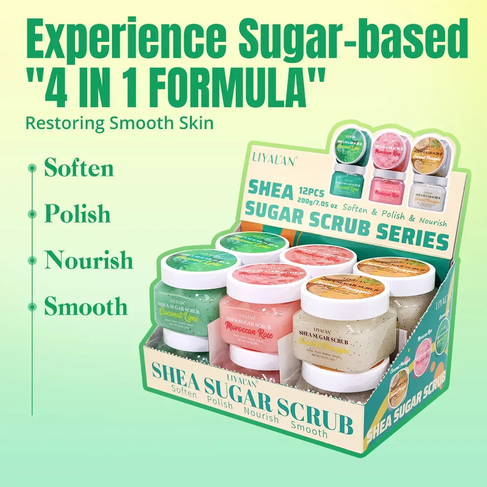 Shea Sugar Body Scrub Set – 12pcs Fruity Exfoliating Bath Scrub Peaceful Pleasures Health and Wellness