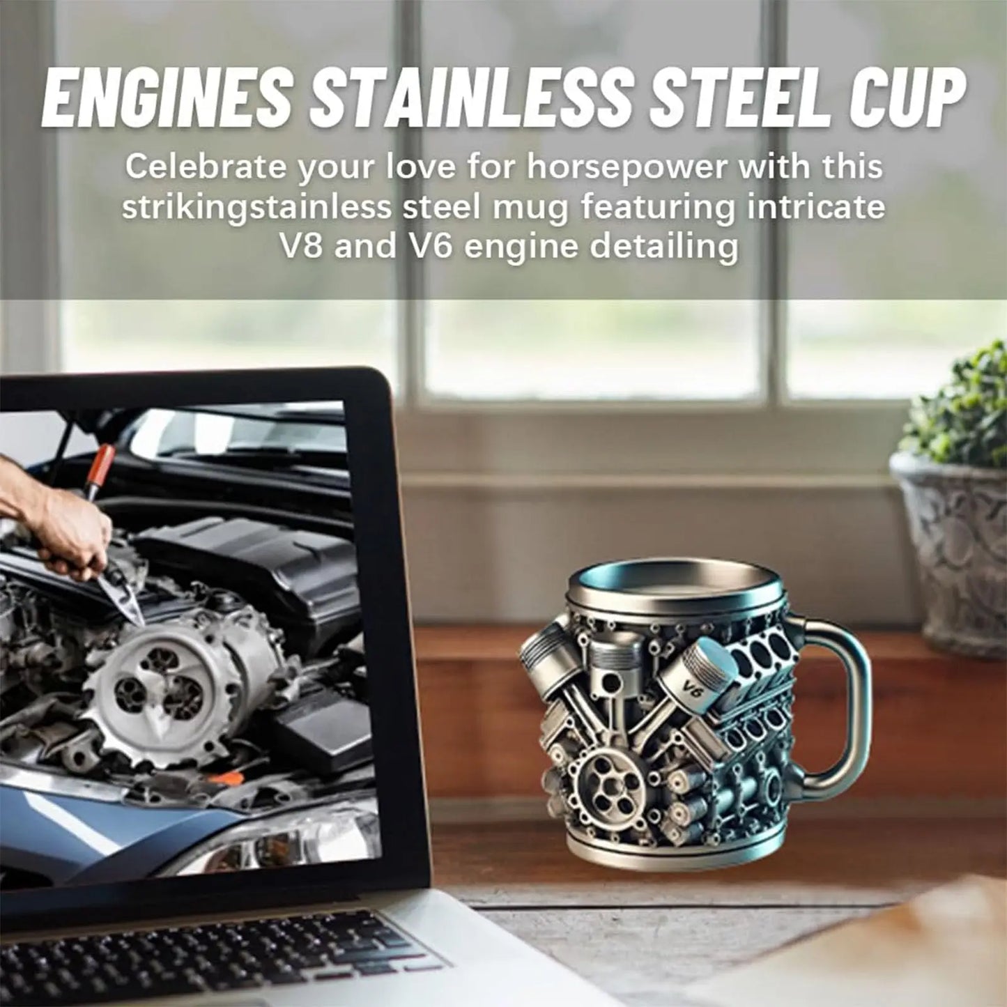 V8 & V6 Engine Design 15oz Stainless Steel Coffee Mug