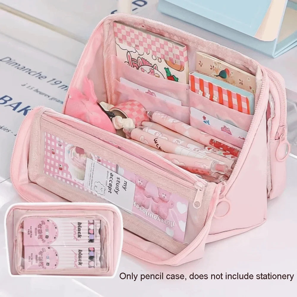 Kawaii Large Capacity Transparent Pencil Case DIY Zipper Transparent Pen Bag Multifunctional Solid Color Stationery Box Friend Peaceful Pleasures Health and Wellness Pink
