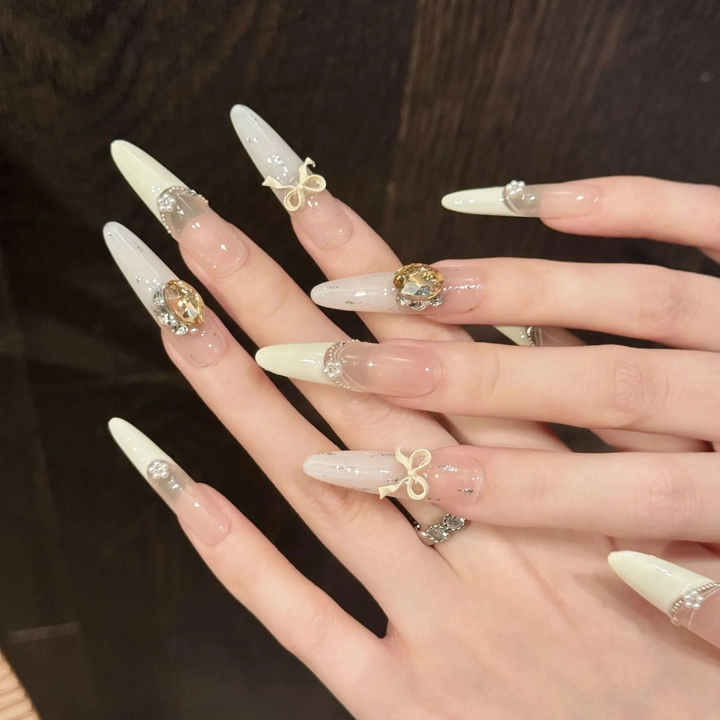 10pcs Handmade Almond Press on Nails White Bow Large Crystal Design False Nails Wearable Full Cover French Girl False Nail Tips Peaceful Pleasures Health and Wellness