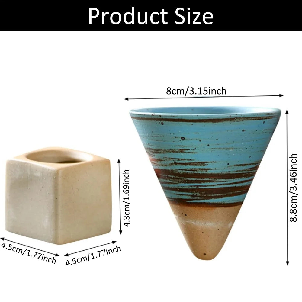 100ml Coarse Pottery Coffee Mugs, Japanese Style Ceramic Tea Cups Triangular Cone Shape Porcelain Retro Mug with Square Base Peaceful Pleasures Health and Wellness