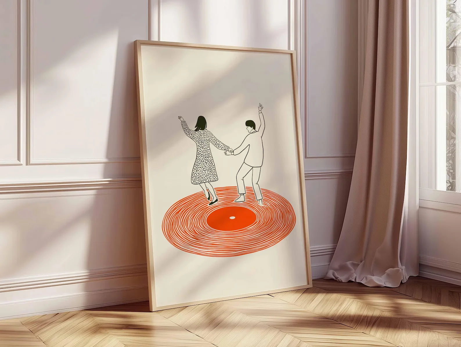 Dancing Couple Wall Art Print, Retro Record Player Poster, Modern Music Inspired Illustration for Home Bar or Living Room Peaceful Pleasures Health and Wellness
