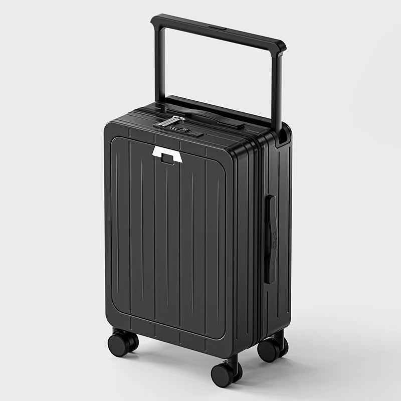 Front Opening Suitcase Widen Trolley Rolling High-Capacity Travel Luggage with Wheel and USB Charging Carry-on Boarding Suitcase Peaceful Pleasures Health and Wellness Black 20 inch