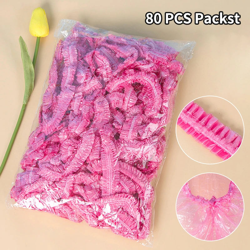 80pcs Shower Cap Head Cover Elastic Plastic Thickened Pink Round Cover Food Kitchen Bathroom Accessories Food Preservation Bag Peaceful Pleasures Health and Wellness