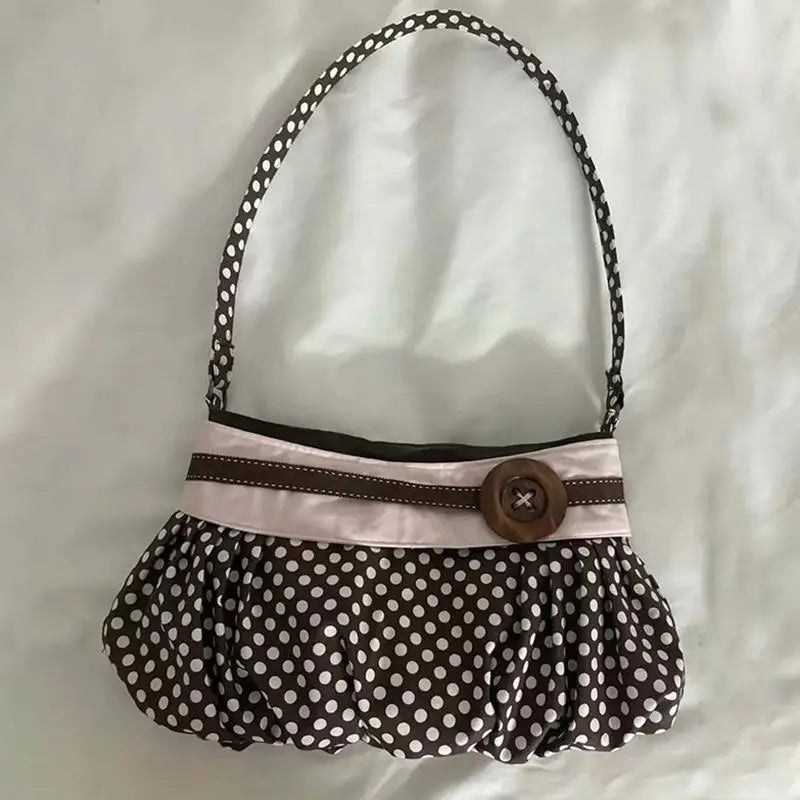 Retro Polka Dot Pleated Cloud Shoulder Bag | Wooden Button
