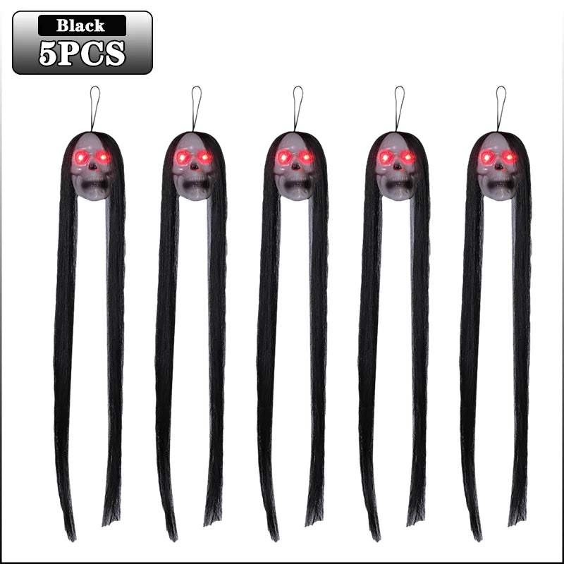 Halloween Hanging Ghost Skull – Glowing Eyes & Long Hair Decor