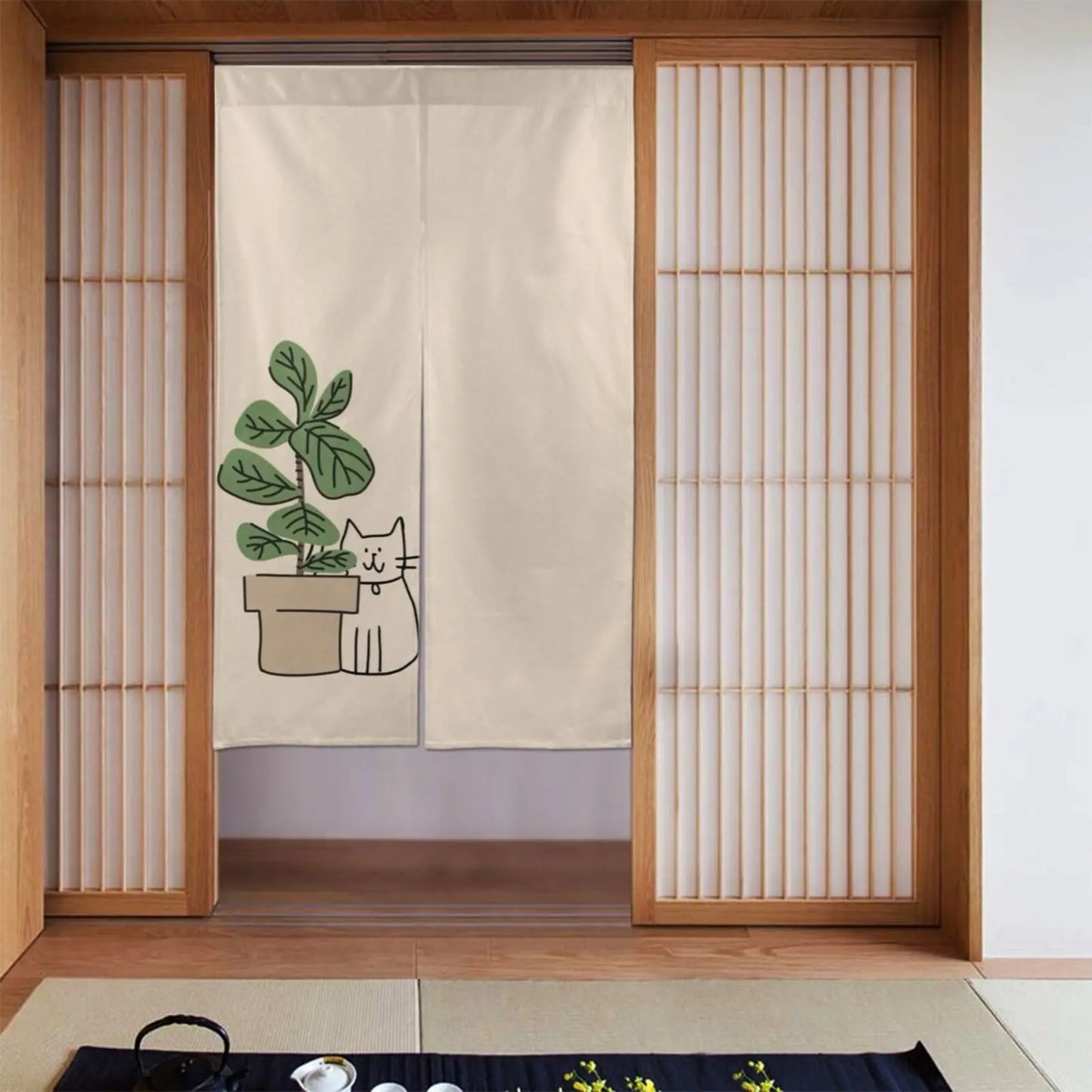 Cat & Plant Print Room Divider Curtain | 2-Panel Door Décor