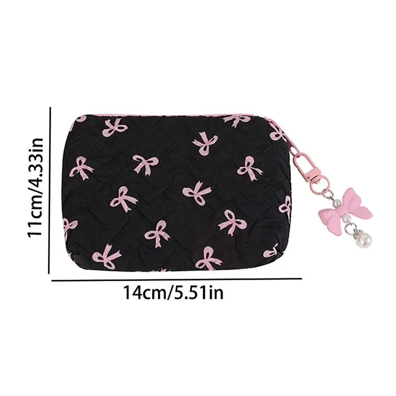Cute Bow Fabric Makeup Bag, For Women Cosmetic Pouch, Portable Lipstick Earphone Travel Organizer Small Clutch Purse Peaceful Pleasures Health and Wellness
