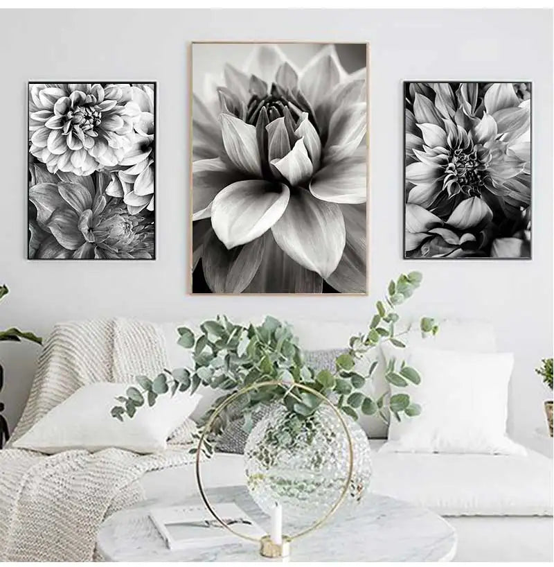 Black & White Floral Canvas Wall Art | Nordic Abstract Poster