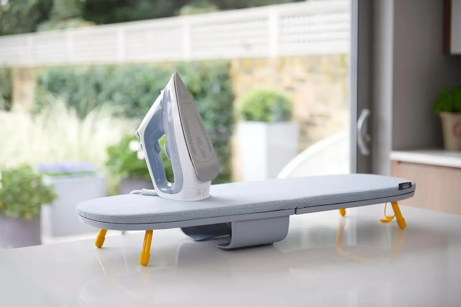Compact Folding Tabletop Ironing Board with Iron Holder & Wall Mount, Space-Saving Grey/Yellow Design Peaceful Pleasures Health and Wellness