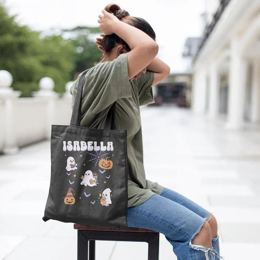 Personalized Halloween Ghost Pumpkin Canvas Tote Trick or Treat Bag Halloween Canvas Tote Bag Peaceful Pleasures Health and Wellness