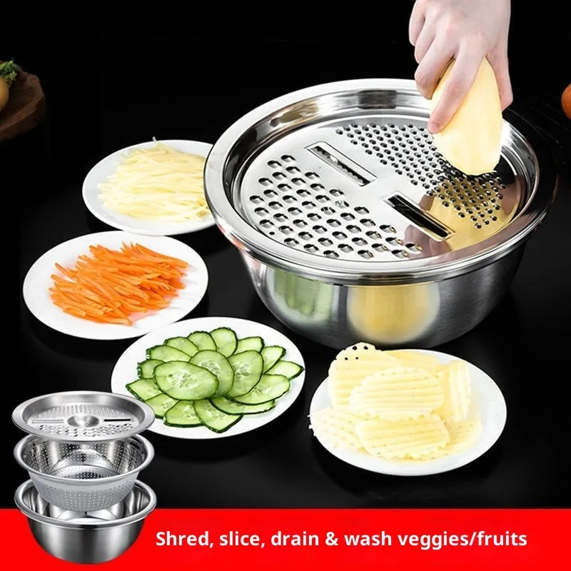 New 3pcs Stainless Steel Multi-Functional Kitchen Grater Set Draining Bowl with Vegetable Washing Mandoline Slicer for Potato Peaceful Pleasures Health and Wellness