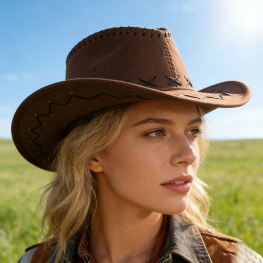 Brown Faux Suede Western Cowboy Hat Vintage X-stitch Wide Brim Unisex Peaceful Pleasures Health and Wellness