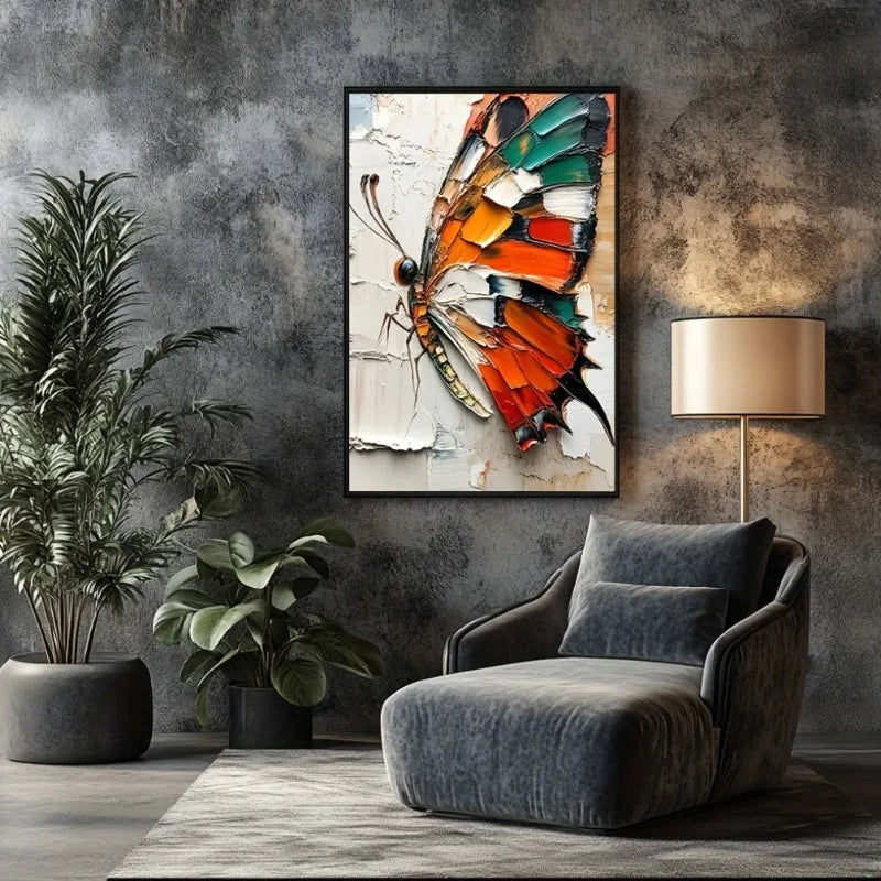 Big Butterfly Texture, White, Orange, Red, Black and Green, Suitable for Living Room, Dining Room, Bedroom Wall Decor, Frameless Peaceful Pleasures Health and Wellness