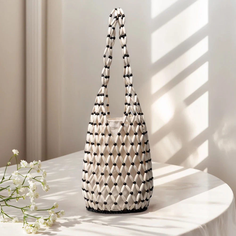 Handmade Wooden Bead Woven Bucket Bag for Women Peaceful Pleasures Health and Wellness beige Australia