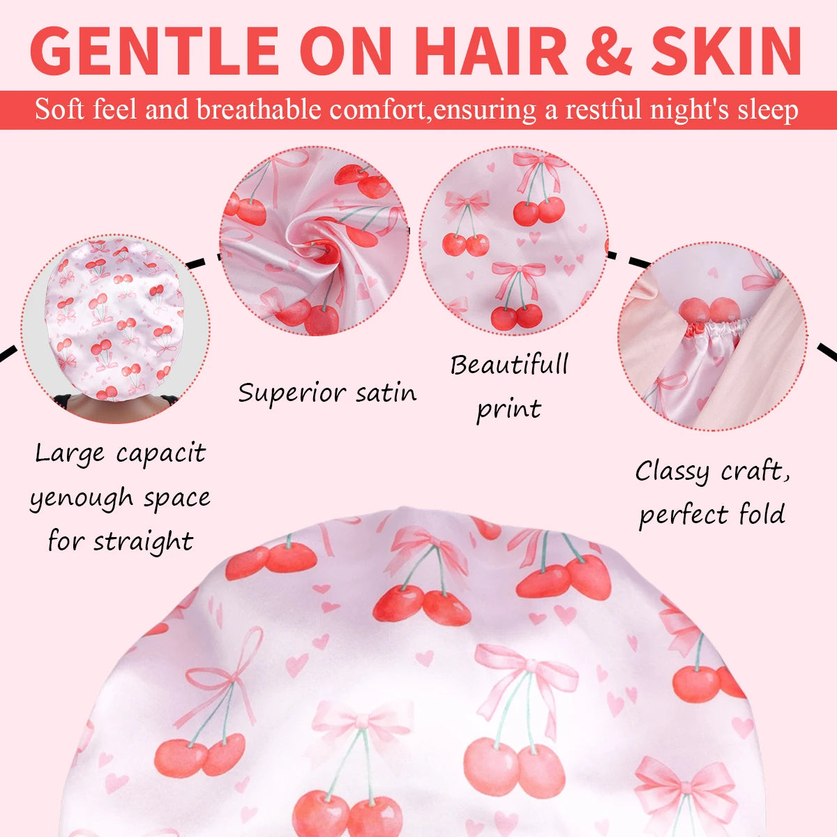 Adjustable Satin Sleep Bonnet Cherry Pattern | Hair Cap with Bow