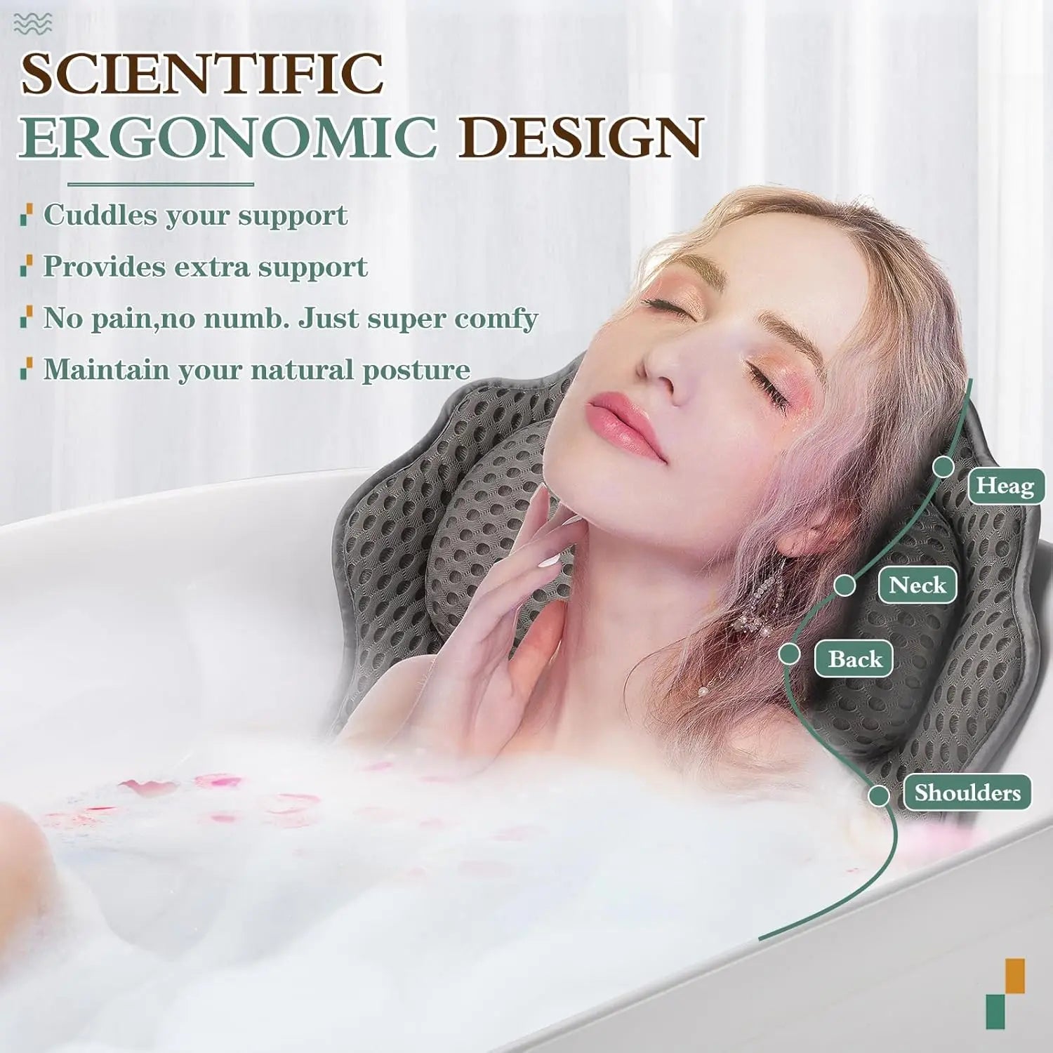 Ergonomic Luxury Bathtub Pillow – Head, Neck, Shoulder & Back Support, 6 Suction Cups Peaceful Pleasures Health and Wellness