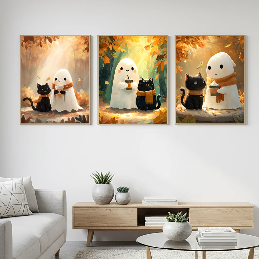 Animal Wall Art, Nordic Cute Ghost and Black Cat Canvas Painting, Halloween Poster Print for Bedroom Living Room Wall Decor Peaceful Pleasures Health and Wellness