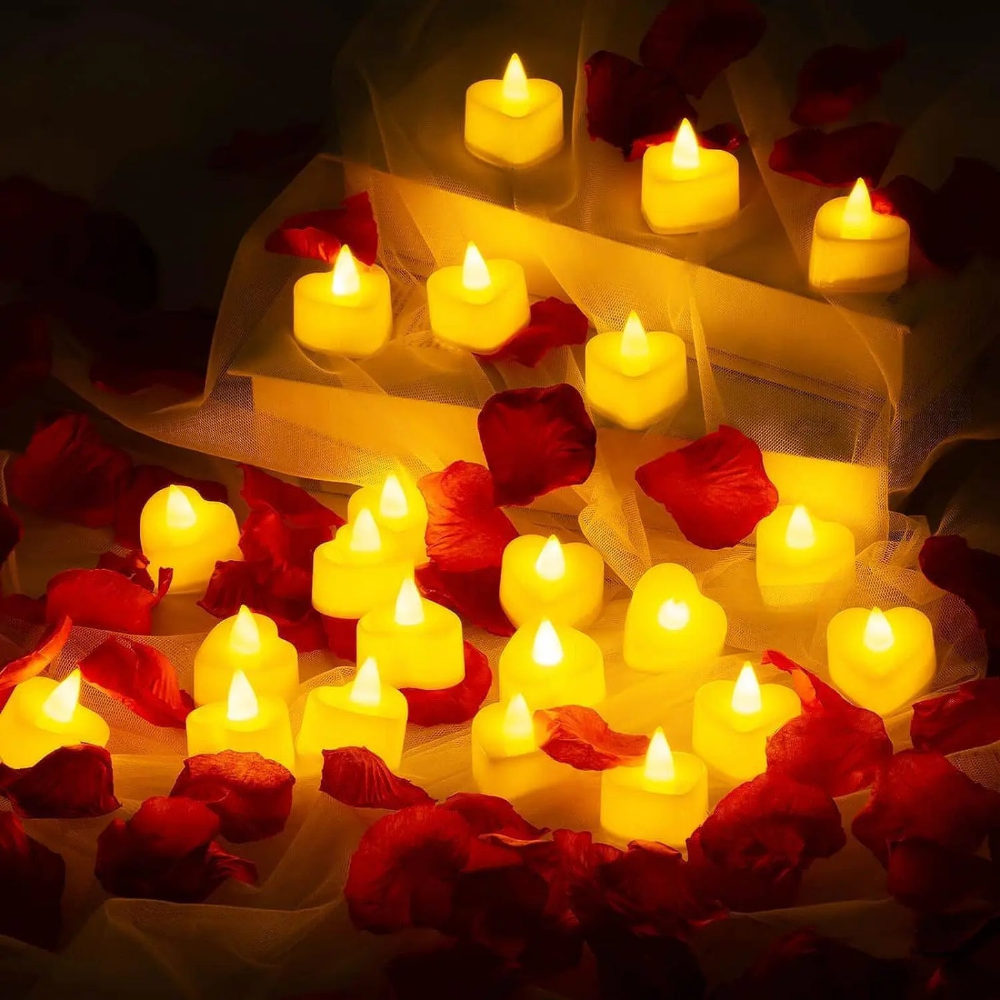 Heart Shape LED Candles Light Flameless Love Candle Light for Marriage Proposal Wedding Valentine's Day Anniversary Thanksgiving Peaceful Pleasures Health and Wellness 48Pc w fake Petals