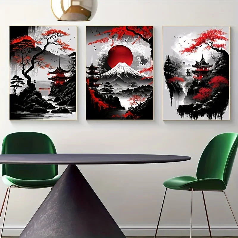 Landscape Canvas Painting Black And Red Posters Vintage Ink Art Wall Prints For Living Room Home 3pcs Frameless Japanese Natural Peaceful Pleasures Health and Wellness