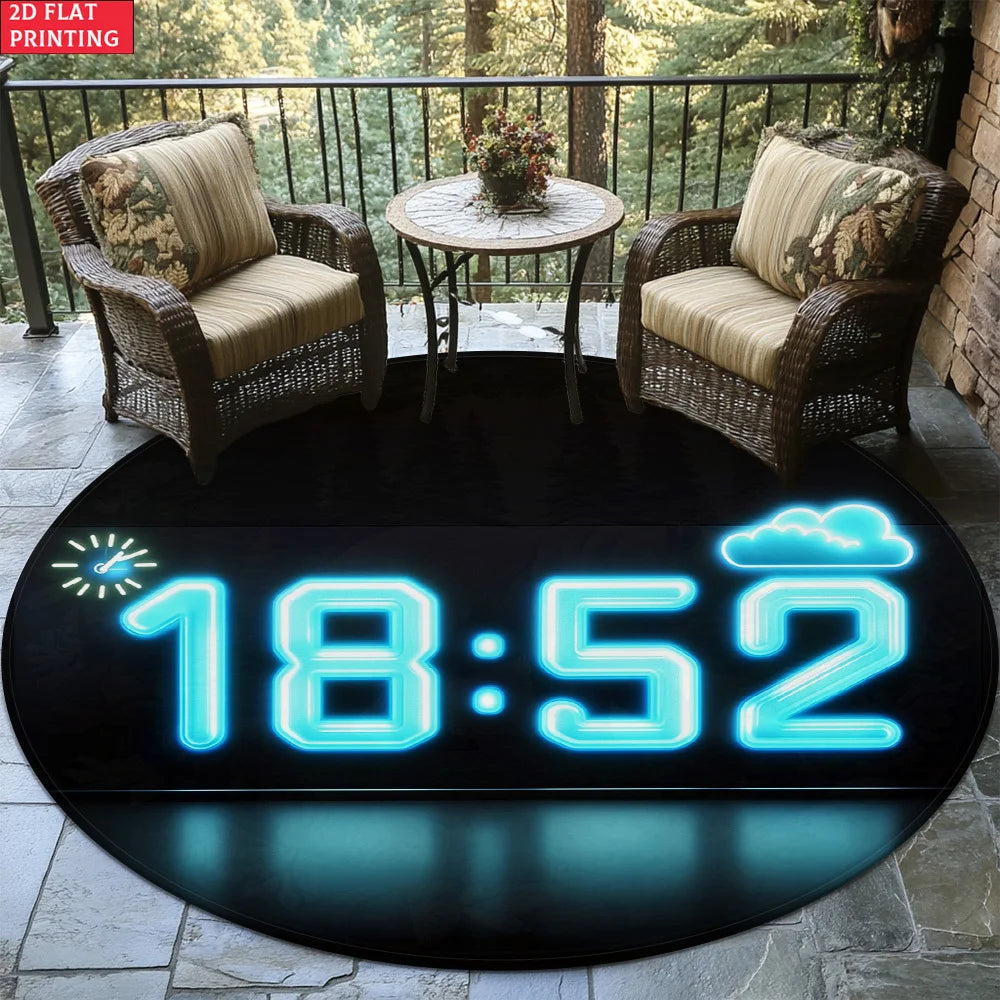 1pc Digital Clock Design Round Rug for Modern Living Room Decor 2D Flat Printed Floor Mat Non-Slip Home Decoration Peaceful Pleasures Health and Wellness