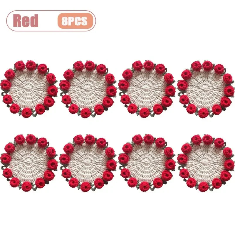Hand Crochet Rose Flower Coasters | Heat Resistant Wool Mat Set