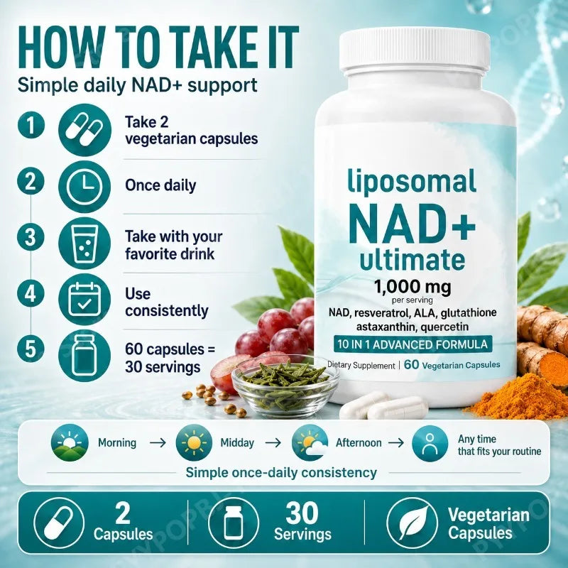 Liposomal NAD+ 1000mg 10-in-1 | Resveratrol & Glutathione – 60ct