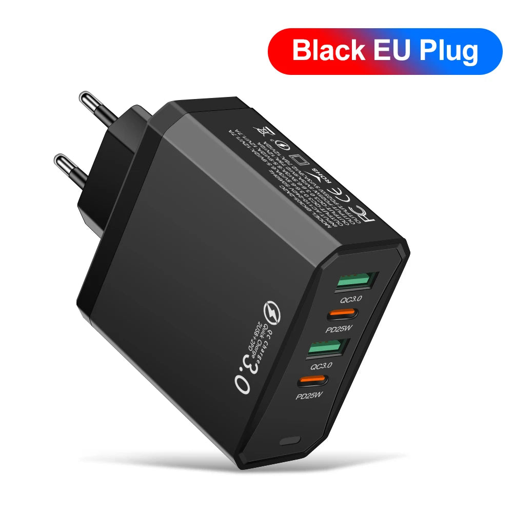 25W 4-Port USB-C Fast Charger QC3.0 – iPhone & Android Peaceful Pleasures Health and Wellness EU Black