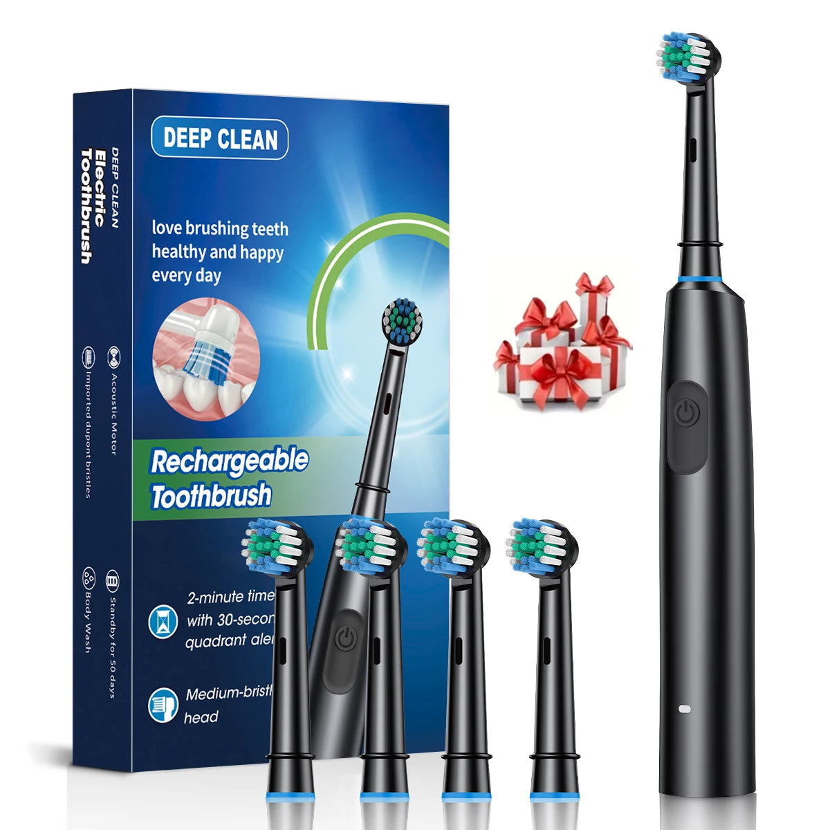 Electric Toothbrush Rotary Rechargeable Electric Toothbrush for Adults Rotating Electric Toothbrushes with 8 Soft Brush Heads Peaceful Pleasures Health and Wellness Black 4 Heads