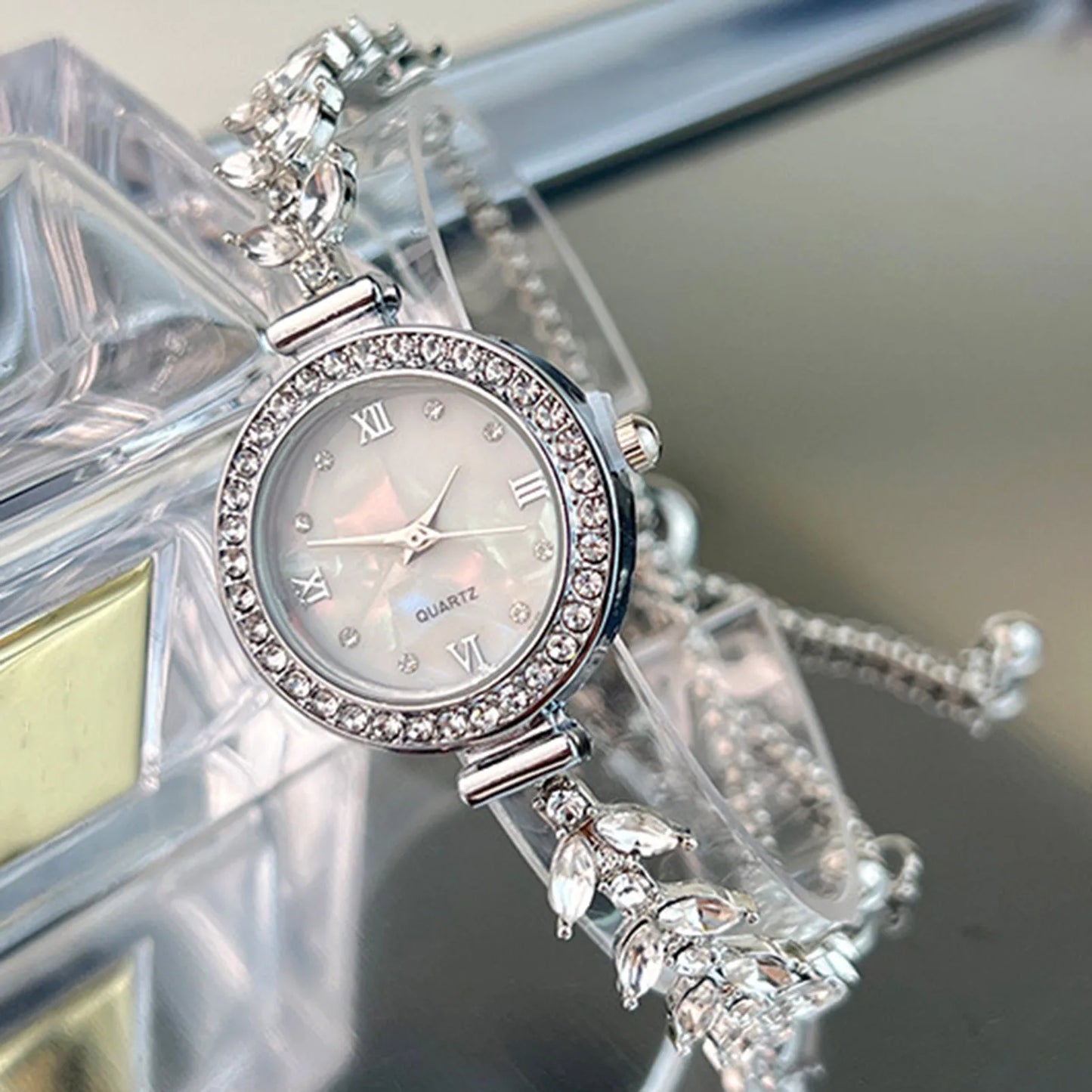 Mermaid Design Diamond Inlaid Bracelet Watch Women Adjustable Strap Quartz Wristwatch Faux Mother of Pearl Golden Ladies Watch Peaceful Pleasures Health and Wellness