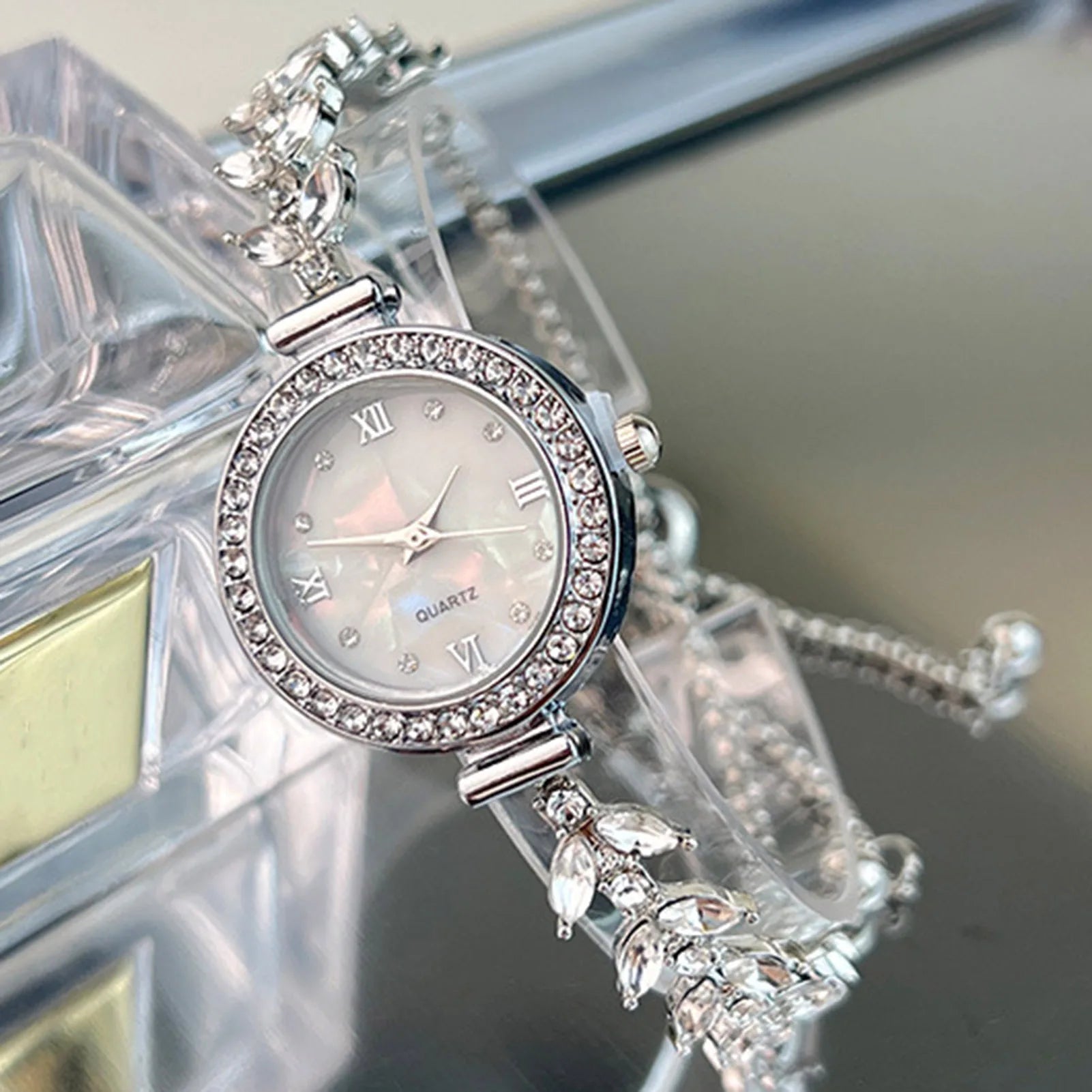 Mermaid Design Diamond Inlaid Bracelet Watch Women Adjustable Strap Quartz Wristwatch Faux Mother of Pearl Golden Ladies Watch Peaceful Pleasures Health and Wellness