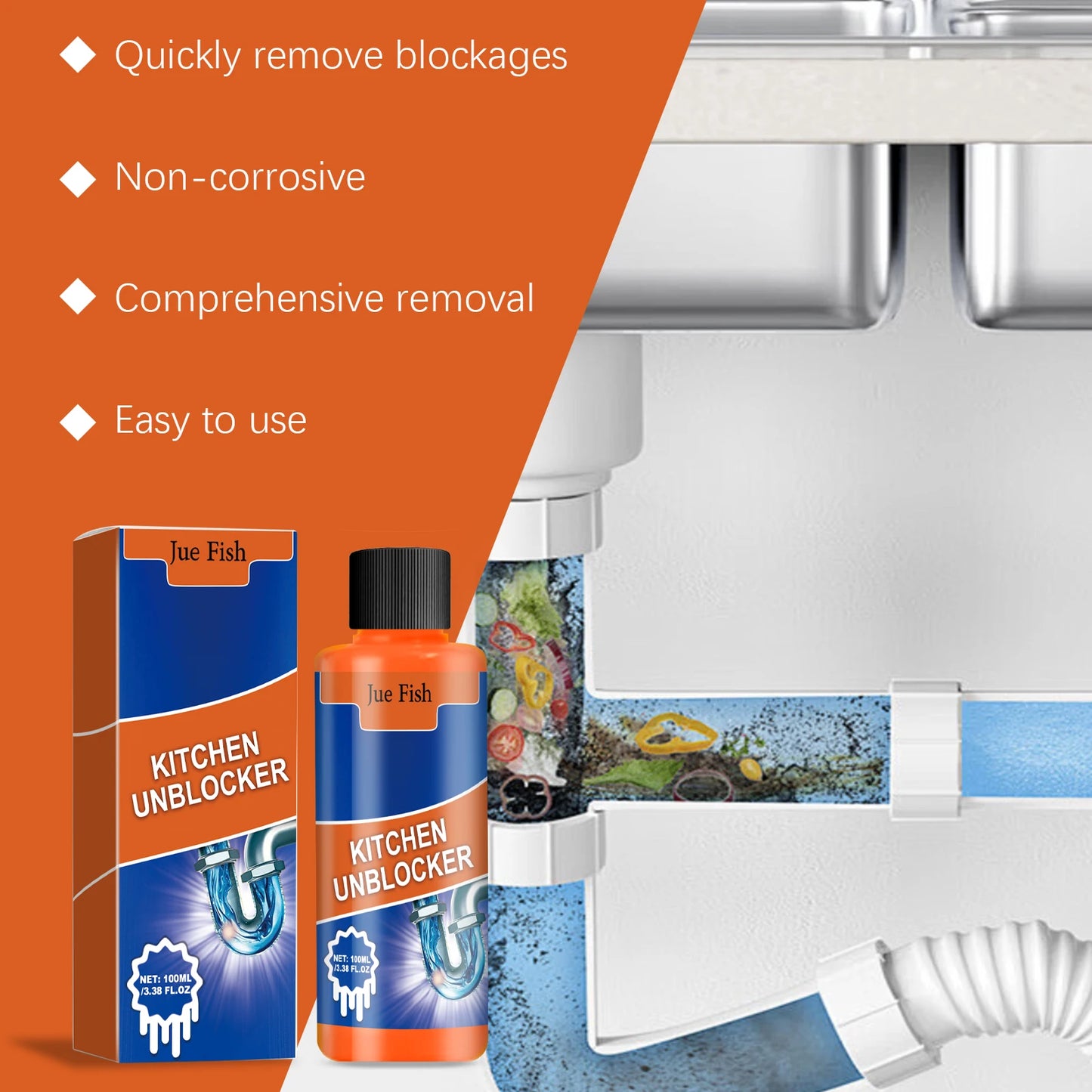 Jue-Fish 100ml Powerful Drain Unblocker | Sink, Pipe & Toilet