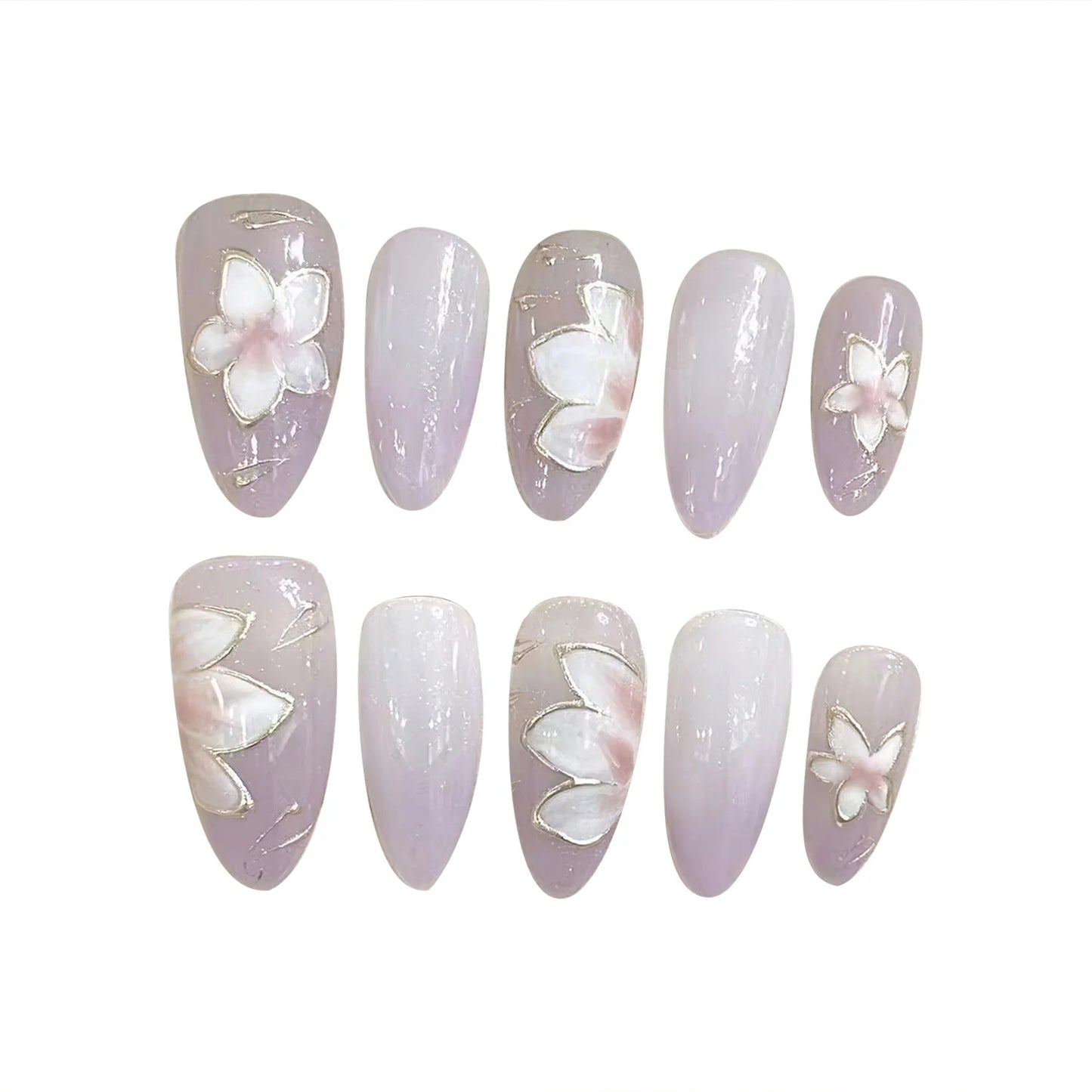 Purple Flower Almond Press On Nails | Japanese Style 10pcs