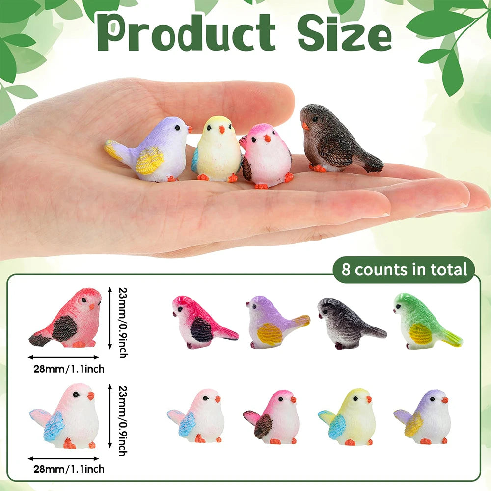 8pcs Miniature Bird Figurines, Mock Animal Toy Mini cute Pet ModelFor Fairy Garden, Moss Micro Landscape Peaceful Pleasures Health and Wellness Bird ornament S