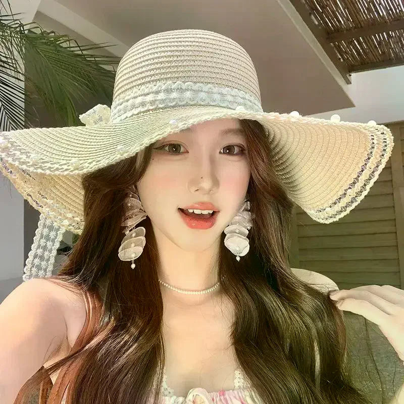 Women's Oversized Bow Straw Sun Hat – UV Protection Beach Hat