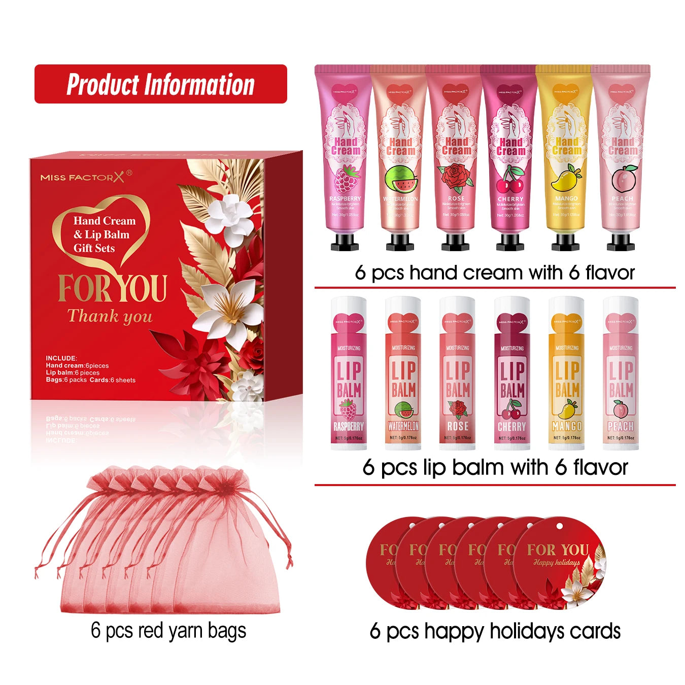 24PCS/box lip balm in bulk, hand cream in bulk thank you card and red gauze bag, wedding gift to guests, Christmas and New Year Peaceful Pleasures Health and Wellness 24PCS gift set