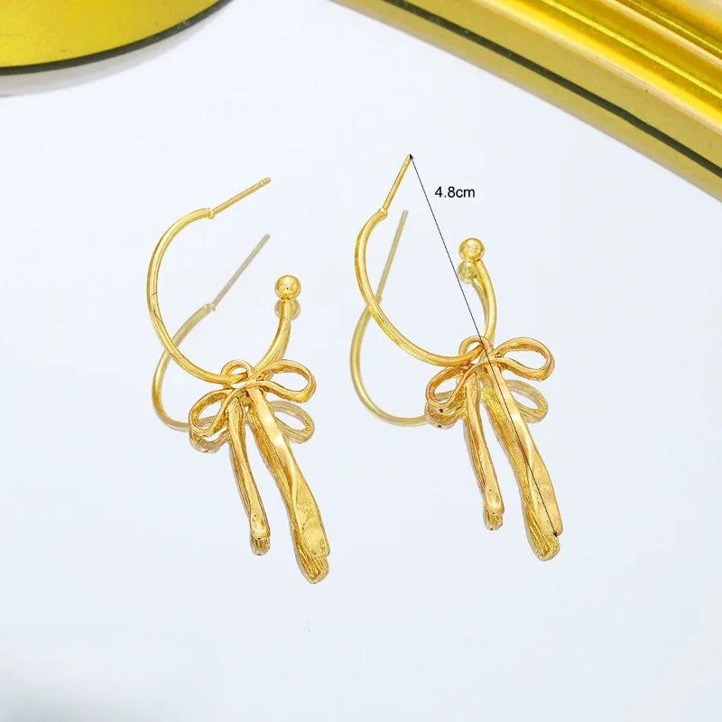 Gold Bowknot Tassel Stud Earrings – Retro Fashion Jewelry Women