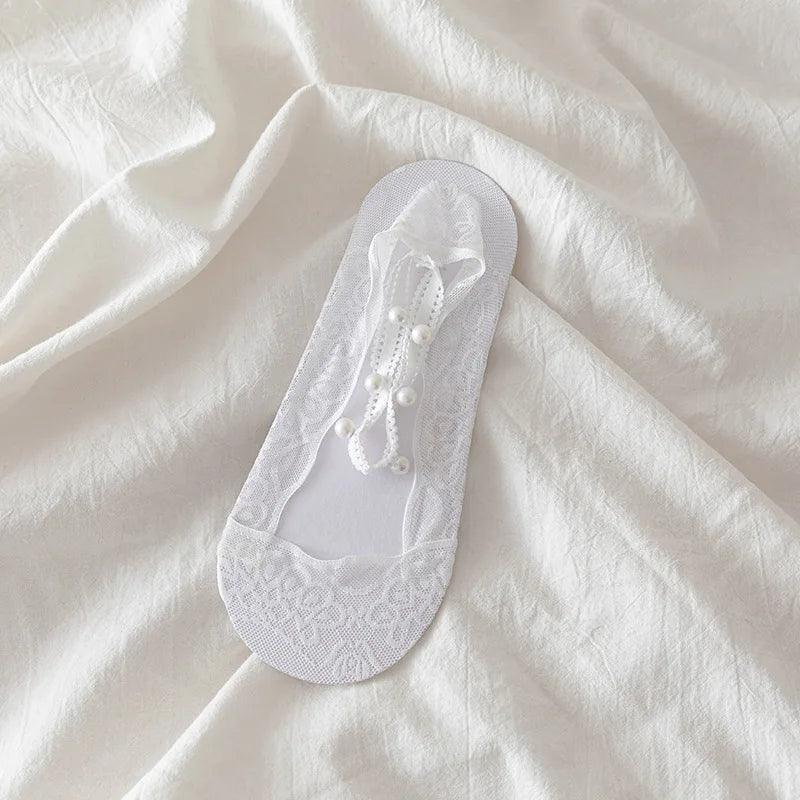 5 Pairs of Women's Lace Invisible Socks, Summer Sexy And Elegant Transparent Boat Socks, Pearl Strap Anti Slip Ankle Socks Peaceful Pleasures Health and Wellness 5 Pairs White One Size