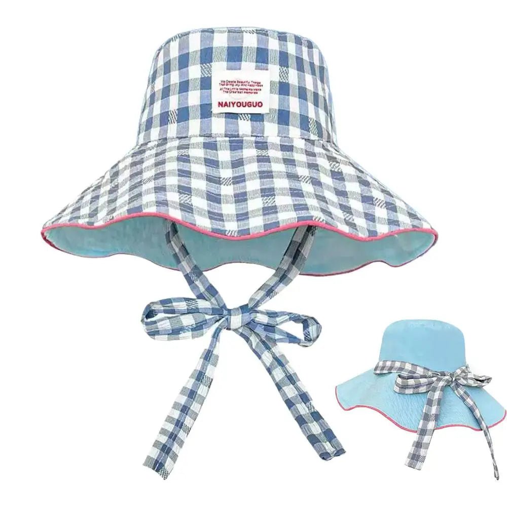 Women Summer UV Protection Wide Brim Sun Hats With Chin Strap Cute Pastel Plaid Beach Hat For Outdoor Travel & Daily Wear Peaceful Pleasures Health and Wellness Blue